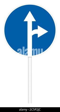 Präskriptive Verkehrszeichen isoliert auf weißer 3D-Abbildung - direkte und rechte Bewegung Stockfoto