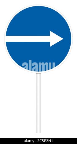 Verschreibungspflichtige Verkehrszeichen isoliert auf weißer 3D-Abbildung - direkt rechts Stockfoto