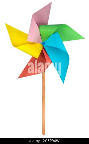 Bunte Papier Windmühle Windrad isoliert auf weiß mit Clipping Path Stockfoto