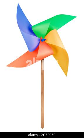 Bunte Papier Windmühle Windrad isoliert auf weiß mit Clipping Path Stockfoto