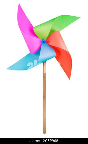 Bunte Papier Windmühle Windrad isoliert auf weiß mit Clipping Path Stockfoto