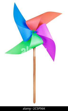 Bunte Papier Windmühle Windrad isoliert auf weiß mit Clipping Path Stockfoto