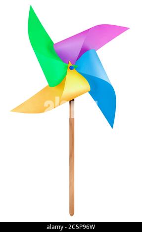 Bunte Papier Windmühle Windrad isoliert auf weiß mit Clipping Path Stockfoto