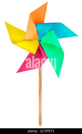 Bunte Papier Windmühle Windrad isoliert auf weiß mit Clipping Path Stockfoto