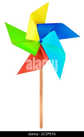 Bunte Papier Windmühle Windrad isoliert auf weiß mit Clipping Path Stockfoto