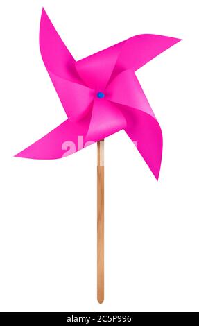 High Pink Papier Windmühle Windrad isoliert auf weiß mit Clipping Path Stockfoto