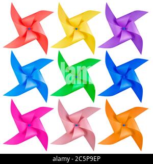 Bunte Papier Windmühle Windrad isoliert auf weiß Stockfoto