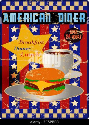 Retro american Diner Schild, abgenutzt und verwittert, Vektor eps Stock Vektor