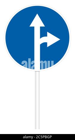 Präskriptive Verkehrszeichen isoliert auf weißer 3D-Abbildung - direkte und rechte Bewegung Stockfoto