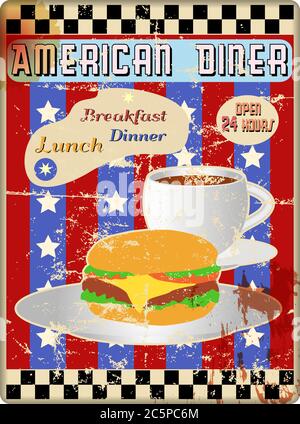 Retro american Diner Schild, abgenutzt und verwittert, Vektor eps Stock Vektor