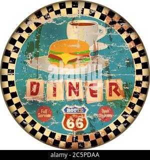 Vintage Route 66 Diner Zeichen, alte Fast-Food-Restaurant Advertsing Zeichen, Vektor-Kunst Illustration, americana Stock Vektor