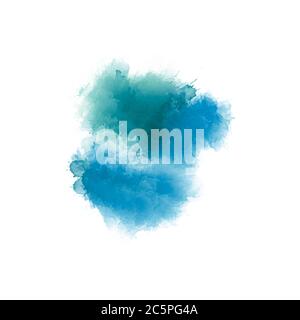 Digitale Zeichnung in den Farben Cyan und Blau. Mehrfarbige Farbmischung isoliert auf weißem Hintergrund. Abstrakte Aquarelltextur. Zeitgenössische Kunst Stockfoto