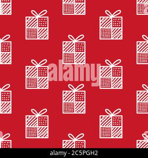 Nahtloses Muster aus weißen Doodle Geschenkboxen mit Schleife auf rotem Hintergrund. Vektorgrafik. Stock Vektor