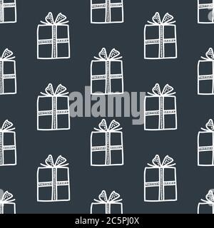 Nahtloses Muster aus weißen Doodle Geschenkboxen mit Schleife auf rotem Hintergrund. Vektorgrafik. Stock Vektor