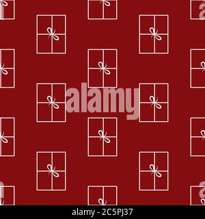 Nahtloses Muster aus weißen Doodle Geschenkboxen mit Schleife auf rotem Hintergrund. Vektorgrafik. Stock Vektor