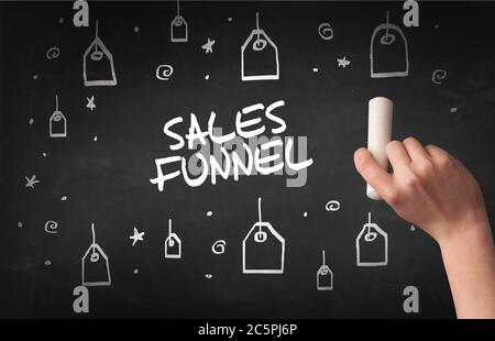 Handzeichnung Sales Funnel Inschrift mit weißer Kreide auf Tafel, Online Shopping Konzept Stockfoto