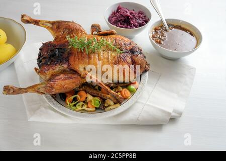 Geröstete Ente mit Apfel, Pflaumenfüllung, serviert mit Gemüse, Rotkohl, Kartoffeln und Sauce, festliches Weihnachtsessen auf einem weißen Tisch, Kopierraum, s Stockfoto