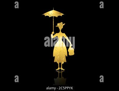 Silhouette Mädchen schwimmt mit Regenschirm in der Hand, Dame im Blattgold-Stil, Mary Poppins Konzept, Vektor isoliert Stock Vektor