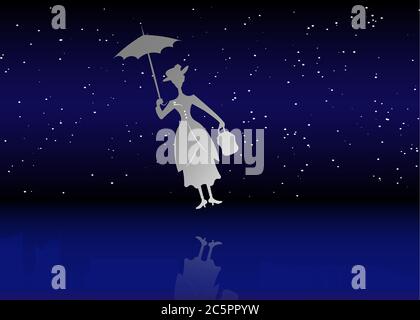 Silhouette Mädchen schwimmt mit Regenschirm in der Hand, Mary Poppins Stil Vektor Sternenhimmel Hintergrund Stock Vektor