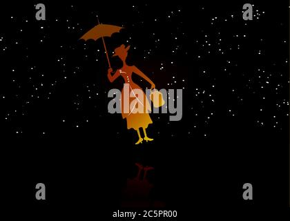Silhouette Mädchen schwimmt mit Regenschirm in der Hand, Mary Poppins Stil Vektor schwarz Sternenhimmel Hintergrund Stock Vektor