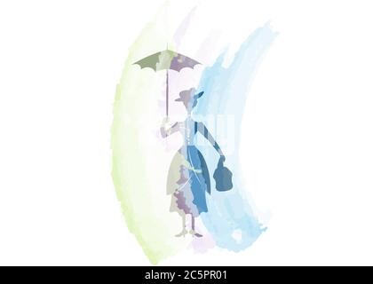 Silhouette Mädchen schwimmt mit Regenschirm in der Hand, Aquarell, Mary Poppins Stil, Vektor isoliert Stock Vektor