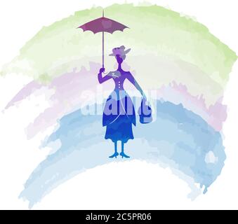 Silhouette Mädchen schwimmt mit Regenschirm in der Hand, Aquarell, Mary Poppins Stil, Vektor isoliert Stock Vektor