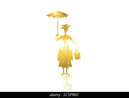 Silhouette Mädchen schwimmt mit Regenschirm in der Hand, Dame im Blattgold-Stil, Mary Poppins Konzept, Vektor isoliert Stock Vektor