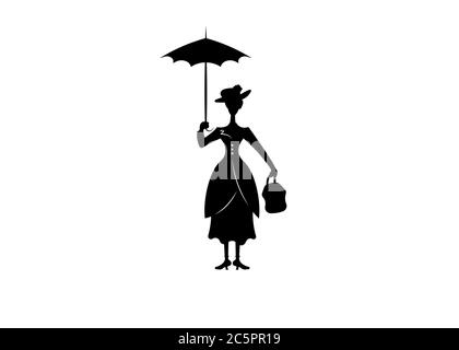 Silhouette Mädchen schwimmt mit Regenschirm in der Hand, Poppins Stil Vektor isoliert oder weißen Hintergrund Stock Vektor