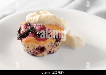 Hausgemachte Muffin mit schwarzen Johannisbeeren und Schlagsahne auf einem weißen Teller, fruchtig süßes Dessert, Copy Space, ausgewählte Fokus enge Schärfentiefe Stockfoto