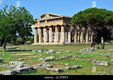 Nationalpark Cilento, Kampanien, Italien. Poseidonia (römischer Name Paestum) Griechische und römische archäologische Stätte. Es war eine große antike griechische Stadt an der Küste des Tyrrhenischen Meeres in Magna Graecia. Der zweite Tempel von Hera oder Neptun Tempel. Stockfoto