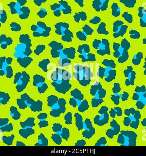 Limegrüne, blaue und tealblaue Leopardenflecken in nahtlosem, sich wiederholendem Muster. Stock Vektor