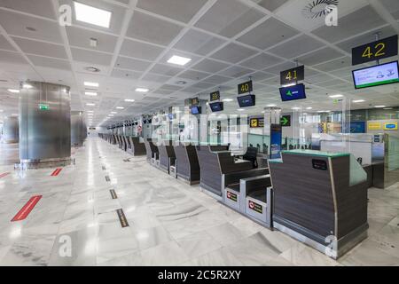 Leere, ungenutzte Check-in-Schalter, Gepäckabgabeschürtel am Flughafen Teneriffa Süd, Abflugbereich, aufgrund von Reisebeschränkungen für den Ausbruch des Coronavirus Covid-19. Stockfoto
