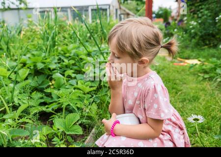 Portrait eines Mädchens, das im Garten reife rote Erdbeeren isst Stockfoto