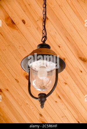 Hängen schmutzige Metalllaterne mit toten gebratenen Insekten auf sie vor Holzhintergrund. Alte, veraltete Glühbirne im Inneren Stockfoto