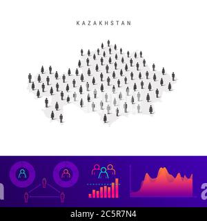 Kasachische Volkskarte. Detailreiche Silhouette. Gemischte Menge von Männern und Frauen Ikonen. Populationsinfographic Elemente. Illustration isoliert auf weiß. Stockfoto