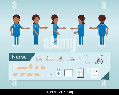 Satz von weiblichen afroamerikanischen Krankenschwester Zeichen tragen blaue einheitliche flache Design Vektor Illustration Stock Vektor