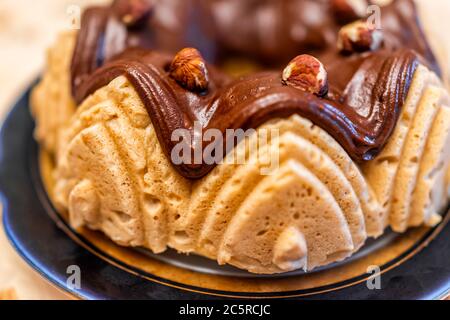 Ganze gelbe Vanille Schokolade Haselnuss Dessert hausgemachte gebundener Kuchen mit Zuckerguss auf der Tellerseite Makro Ansicht Nahaufnahme Stockfoto