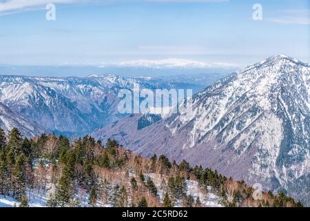 Takayama, Japan Hochwinkel-Panoramablick in Shinhotaka Seilbahn in Gifu Präfektur Bergpark mit grünen Pinien am Peak Horizont und blauen Himmel Jap Stockfoto