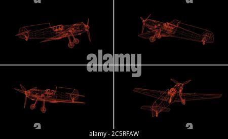 Flugzeug Drahtmodell isoliert auf schwarz - 3D Rendering Stockfoto
