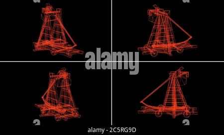 3d Rendering - Drahtmodell des antiken großen alten hölzernen Katapult mit den großen Steinen Stockfoto