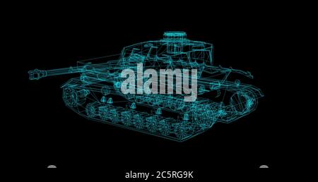3d-Rendering - Drahtmodell des Tank-Hologramms in Bewegung. Stockfoto