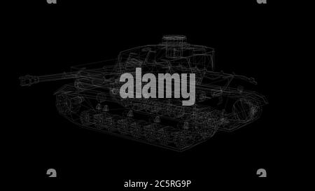 3d-Rendering - Drahtmodell des Tank-Hologramms in Bewegung. Stockfoto
