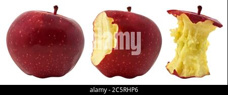 Drei Phasen des Apfels, der isoliert auf Weiß gegessen wird. Clippng-Pfad enthalten. Stockfoto