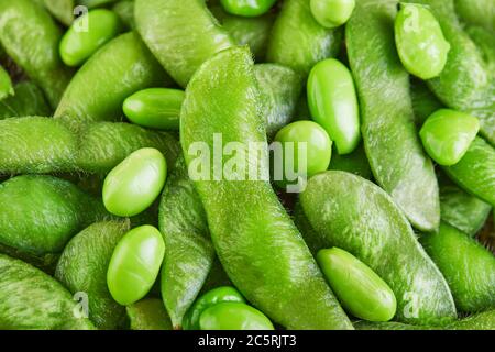 Edamame oder Sojabohnen Hintergrundtextur Close Up. Stockfoto