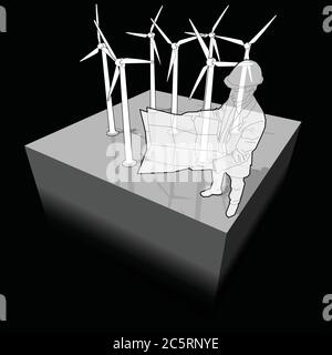 Diagramm eines Windparks mit einem Architekten oder Ingenieur, der einen Planungsplan hält Stock Vektor