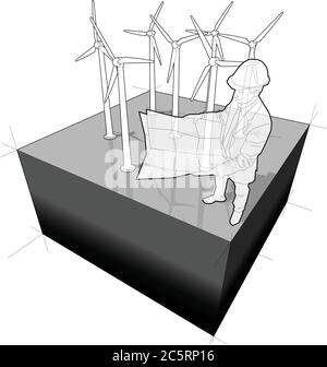 Diagramm eines Windparks mit einem Architekten oder Ingenieur, der einen Planungsplan hält Stock Vektor