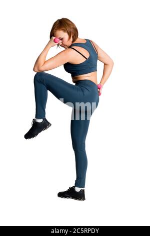 Fitness mittleren Alters asiatische Frau in Sportswear klassischen blau, macht ein Selfie Stockfoto