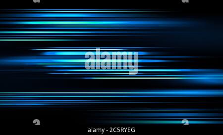 Leuchtende, unscharfe hellblaue Streifen in Bewegung über dem Hintergrund. Horizontale Lichtstrahlen. Abstrakter digitaler Hintergrund mit Linien-Elementen. Stockfoto