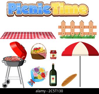 Set von Picknick mit Grill und Essen auf weißem Hintergrund Illustration Stock Vektor