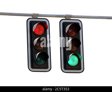 Rote und grüne Ampeln isoliert auf weißem Hintergrund Stockfoto